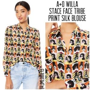 Alice + Olivia Willa Stace Face Tribe Print Silk Blouse